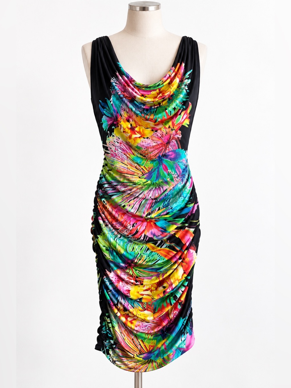 FIFILLES Paris Vibrant Tropical Floral Cowl Neck Ruched Dress T 2 / Small